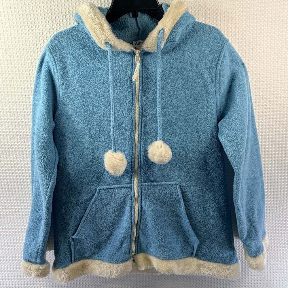 Airport Women's Light Blue Fleece Full Zip Hoodie with Pom Poms (Large) - Picture 2 of 8